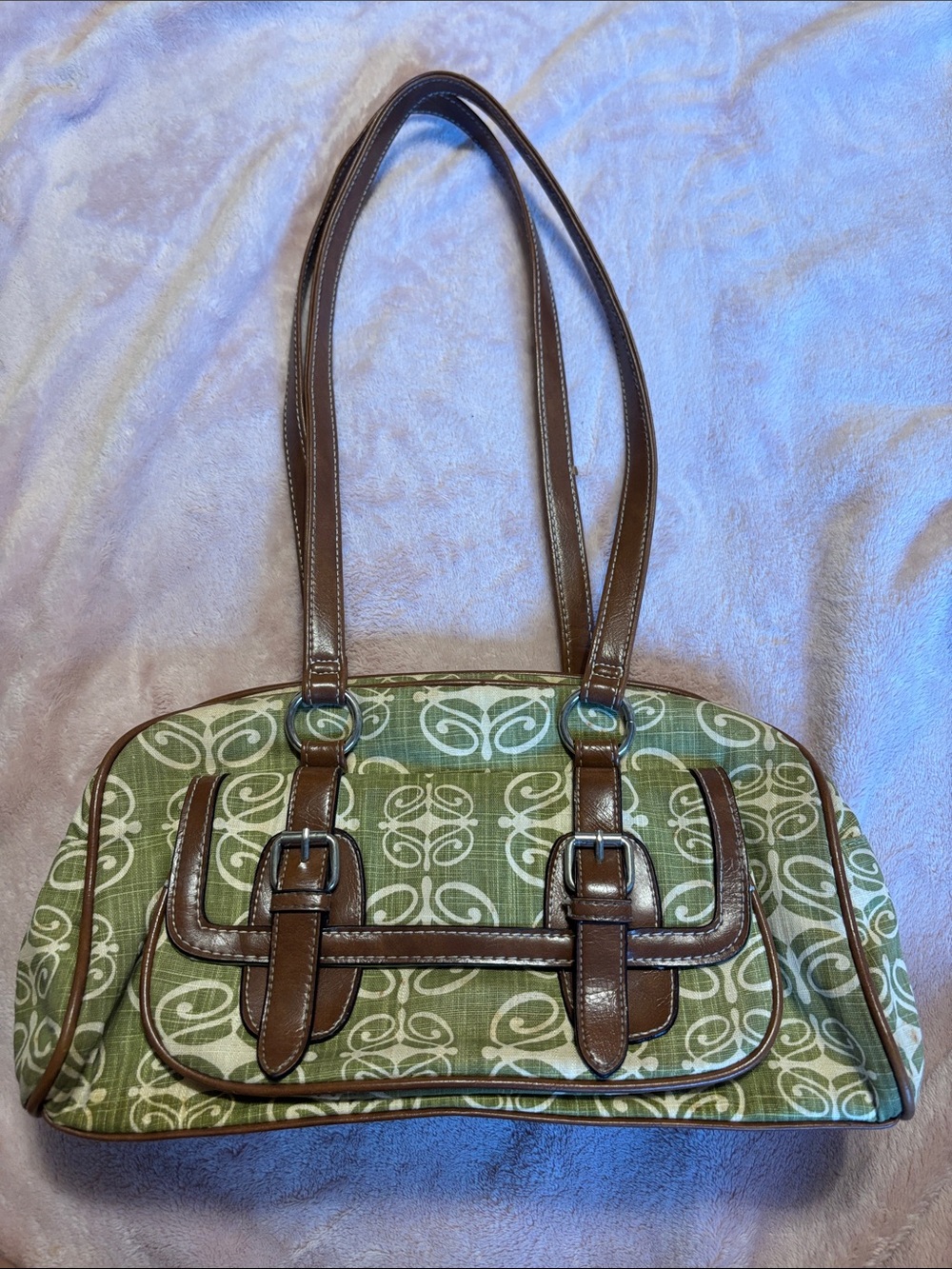 Green Patterned Shoulder Bag with Brown Trim